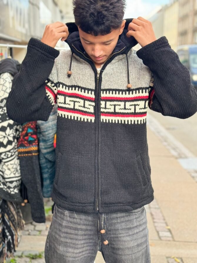 Handmade Woolen Jacket from Nepal – Black & Grey Ethnic Pattern Hoodie - Image 4